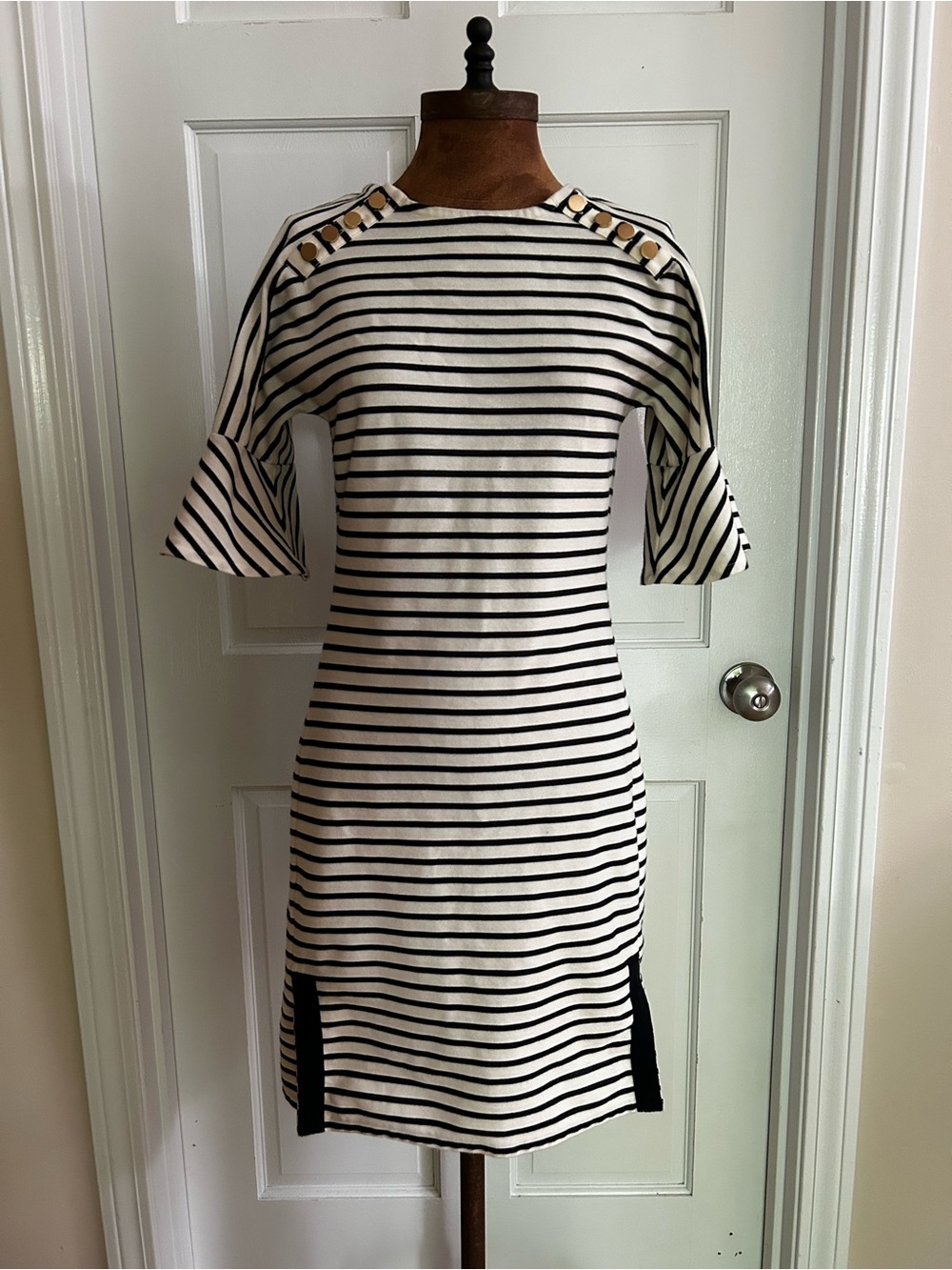 Ann Taylor Striped Navy & White Knit Dress with Button Shoulder Detail